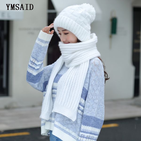 

6 цветов 2pcs hat длинный шарф зимы женщин мех pompom вязать шарф hat winter кашемир вязание шерсть cap теплый женский leisur, Blue;gray
