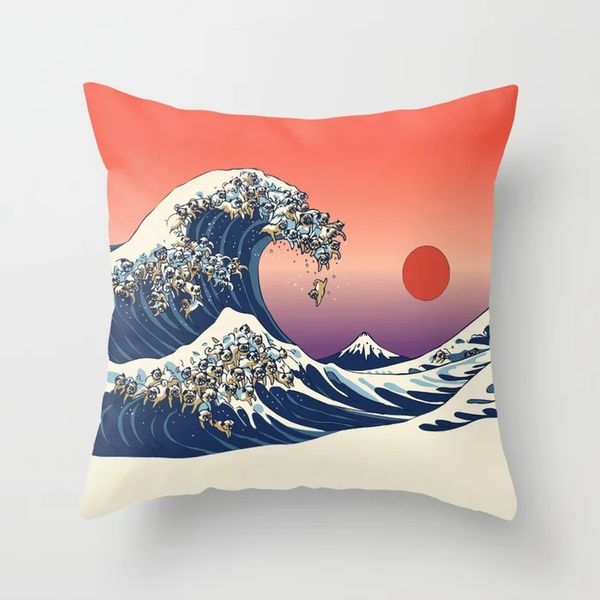 

fashion the great wave of pug ukiyoe cool square vintage special cover zipper throw pillowcase unique pillow sham pillow case