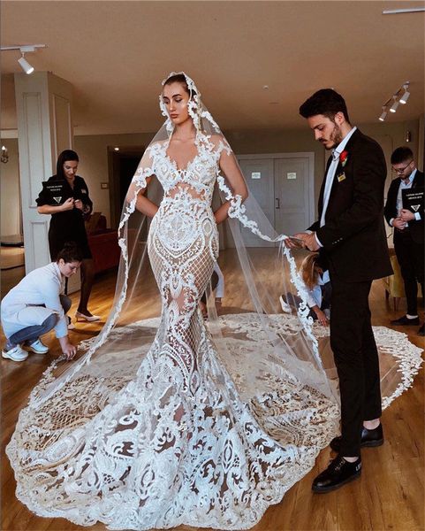 

2020 luxury see through кружева аппликация русалка свадебное платье sexy собор поезд плюс размер свадебное платье оболочка завесами, White
