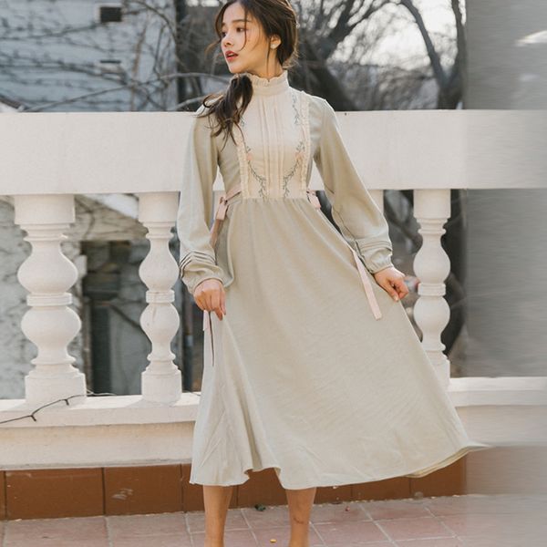

casual dresses japanese woman dressses elegant stand collar puff sleeve flower printing embroidery collect waist a-line long dress female, Black;gray