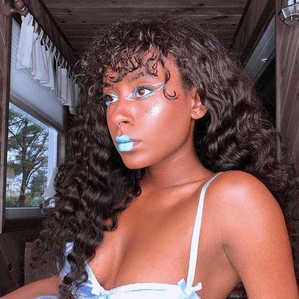 

swinging forest lace front human hair wigs with bangs 13x4 curly human hair wig for black women preplucked brazilian remy, Black;brown