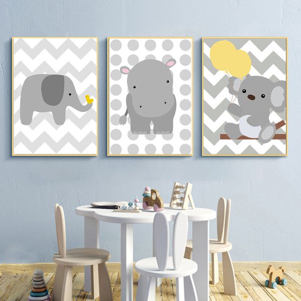 

cartoon bear elephant hippo wall art painting animal poster children room decoration picture canvas painting a405