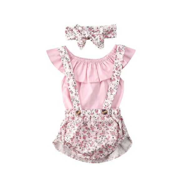 

новорожденных baby girl одежда set оборками с коротким рукавом топы футболки цветов комбинезоны шорты bowknot оголовье, White