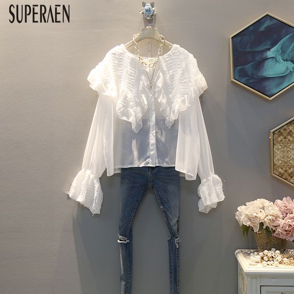 

superaen 2020 spring new korean style shirts women fashion temperament wild ladies blouses and long-sleeved chiffon shirts, White