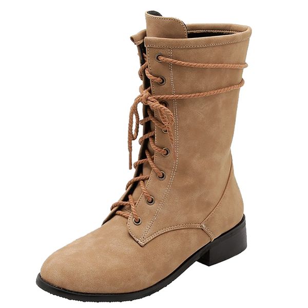 

youyedian women's boots fashion pure color round toe lacing boots chunky heels vintage women autumn bota feminina, Black