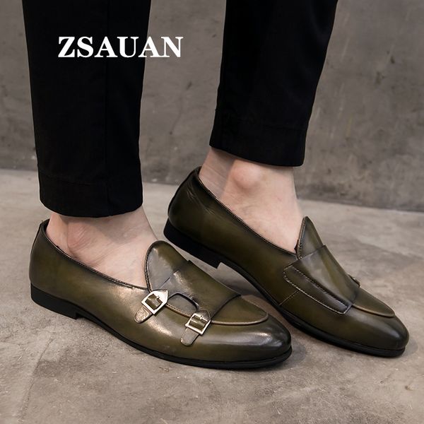 

zsauan luxurious men monk strap shoes pu leather loafers soft men flats green khaki black slip-on casual daily moccasins