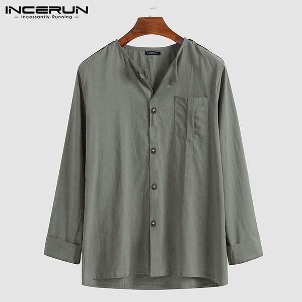 

incerun brand shirt men long sleeve cotton breathable pockets solid color button streetwear leisure retro shirts men camisa 2019, White;black