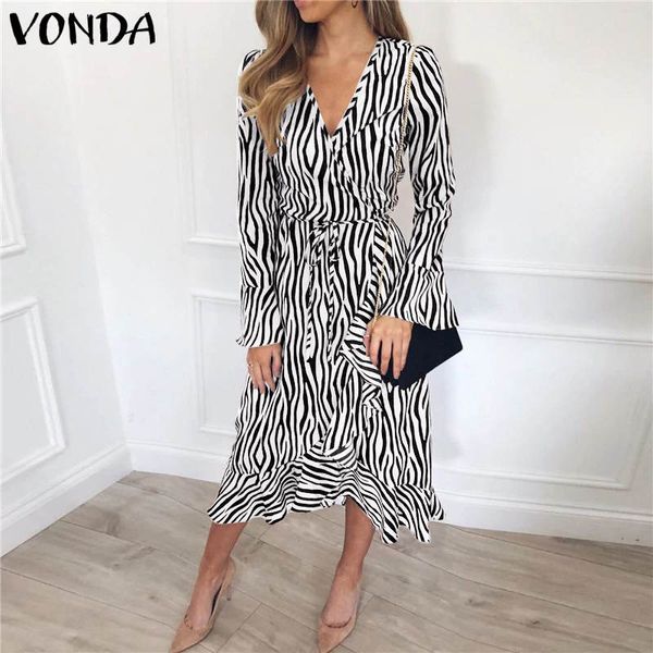 

casual dresses vonda vintag dress women v neck long flare sleeve maxi 2021 summer striped printed sundress loose vestido plus size, Black;gray