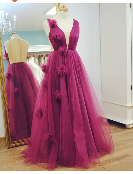 

2019 глубокий v-образным вырезом tull вечерние платья длина пола handmake flower дешевые плюс размер вечернее платье, Black;red