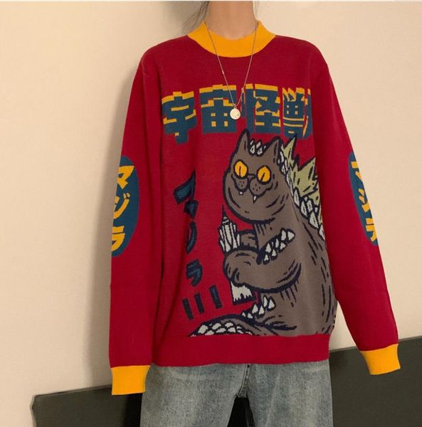 

autumn and winter new harajuku cartoon jacquard loose retro knitted women's pullover sweater, White;black