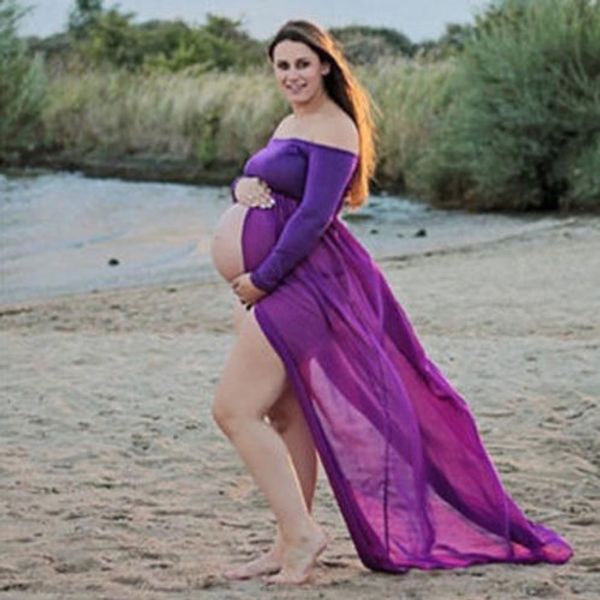 

summer pregnant women long maxi gown pgraphy chiffon high slit maternity dress lady, White