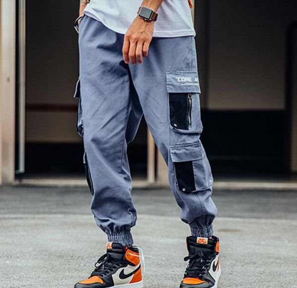 

denim harem joggers men fashion soft jeans hip hop streetwear pockets cargo pants patchwork causal trousers, Black