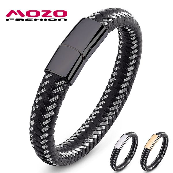 

mozo fashion bracelet men steel wire & leather braided rope black chain bracelets stainless steel bracelet for women gift 008, White
