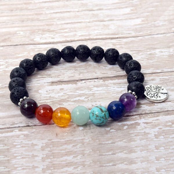 

7 chakra mala beads bracelet spirituality jewelry lava stone beaded bracelet tree of life energy wrist for women men, Golden;silver