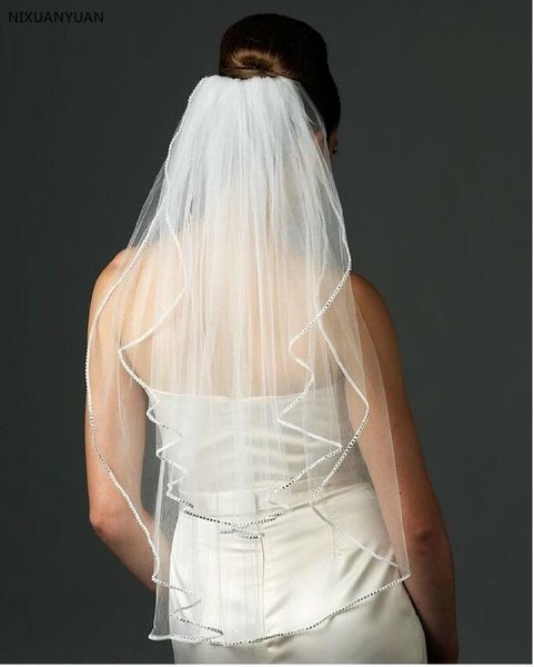 

in stock wedding accessory 2 tier wedding veil white ivory custom made length crystal edge short bridal veil with comb 2019 c19041101, Slivery;golden