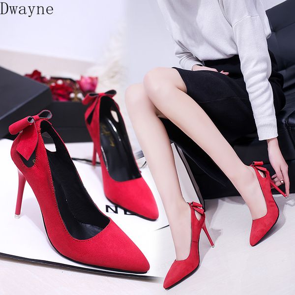 

2019 new korean black openwork bow pointed high heels shallow mouth high heel wild heels