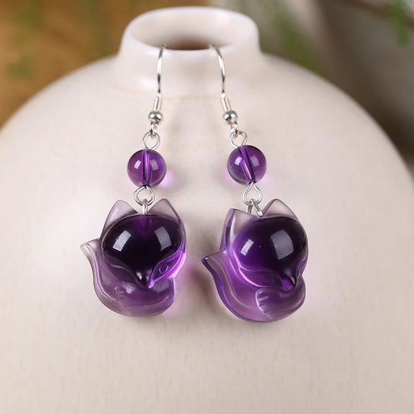 

wholesale natural crystal earrings caved fox with 925 silver drop earrings lucky for women girl gift crystal fashion jewelry