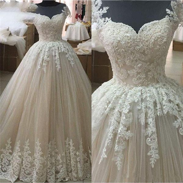 

simple design a-line wedding dresses jewel lace appliques beaded bridal dresses elegant tulle wedding gowns, White