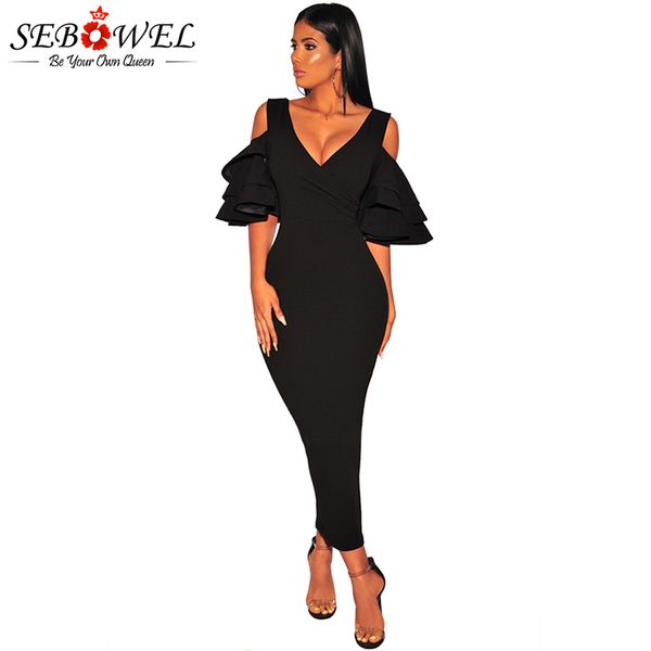 

sebowel сексуальный черный многоуровневое рукав bodycon платье партии женщины длинные макси с плеча клуб платье женский искусственный wrap v, Black;gray