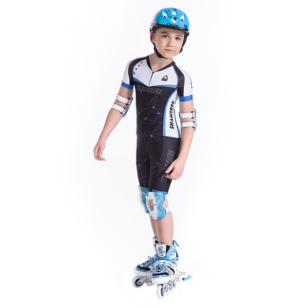

kids cycling suit pro areo short sleeve children's roller skating speedwear jumpsuit training sportswear, Black;blue