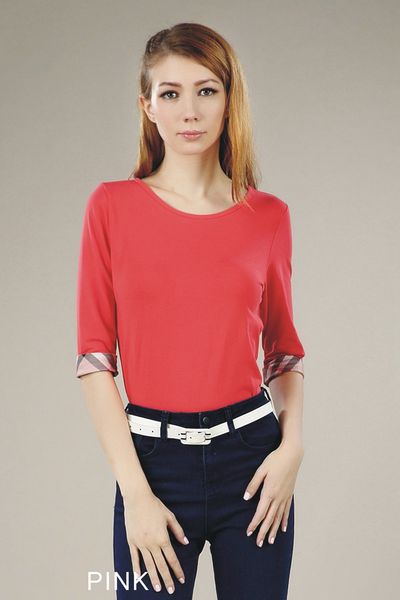 

Womens 2019 Luxury Designer Clothes Pure Color Cuff Plaid Border Design Brand Womens Designer T Shirts Three-quarter Length Sleeves 9 Colors