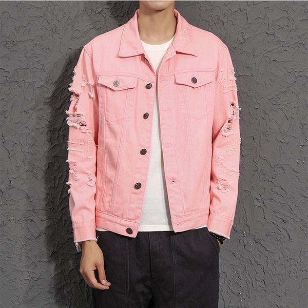 

men distressed denim jacket fashion pink hole button, Black;brown