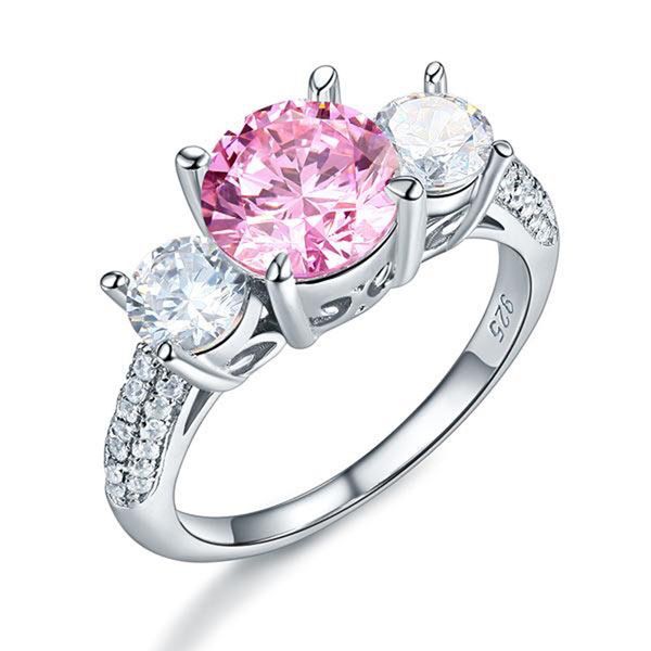 

exquisite women anniversary rings 925 sterling silver 3-stone wedding ring 2 ct fancy pink created diamond jewelry, Slivery;golden