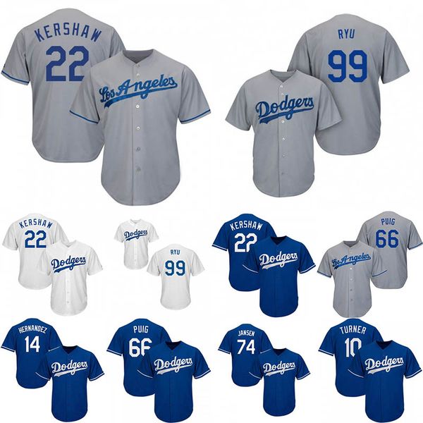 

Wholesale Los 66 Puig Angeles 74 Jansen Dodgers 10 Turner 14 Hernandez 22 Kershaw 99 Ryu White Blue Gray Mens Home Cool Jerseys