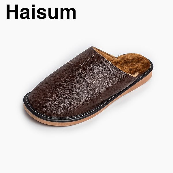 

men 's slippers winter genuine leather home indoor non - slip thermal slippers 2018 new haisum h-8825, Black