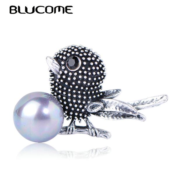 

blucome vintage bird shape brooches simulated pearl antique silver animal jewelry women girls party scarf suit pins accessories, Gray