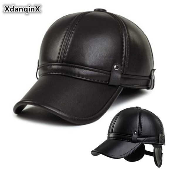 

xdanqinx winter men's velvet warm baseball cap with ears pu leather fashion earmuffs hats middle-aged tongue caps snapback cap, Blue;gray