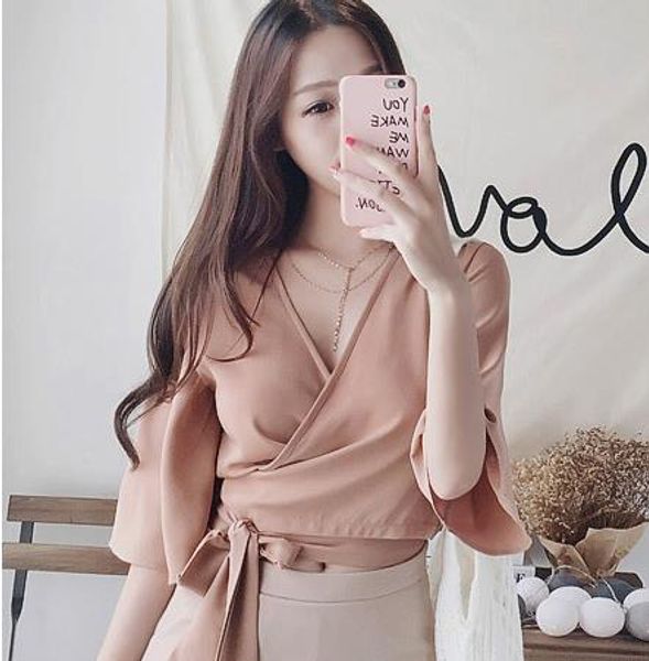 

2019 deep v neck long sleeve t shirt women 2019 new lace-up slim solid t-shirts autumn casual pullover, White