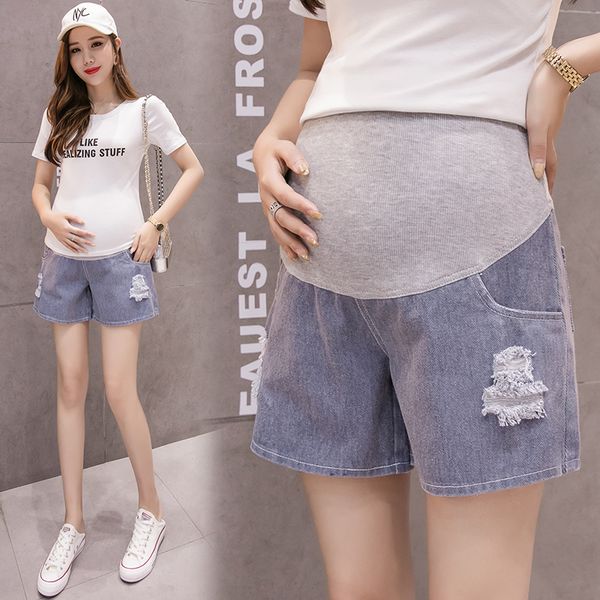 

2020 summer fashion denim maternity shorts elastic waist belly short jeans clothes for pregnant women ripped hole pregnancy, White