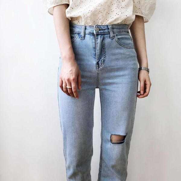 

урожай hole заусенцы джинсы женские летние 2020 с высокой талией прямой папа янь гуань ку sub-музыка tide, Blue