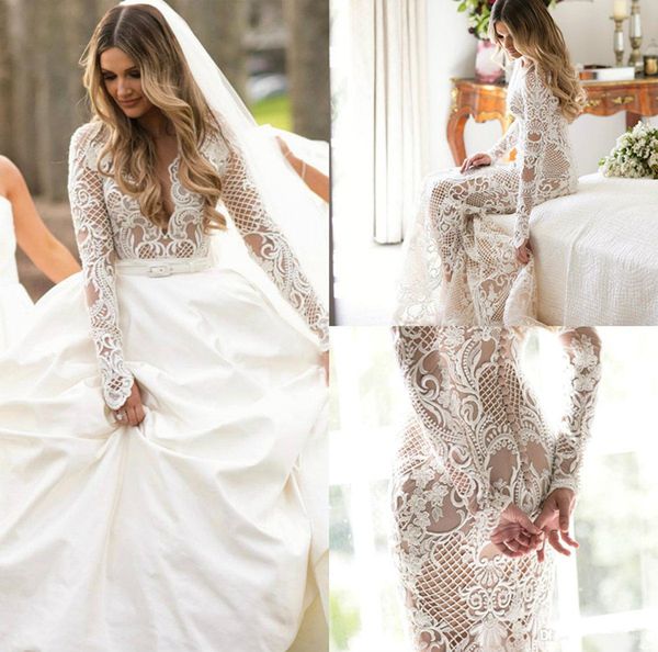 2020 Overskirt Vestidos de noiva Varredura Lace Lace Appliqued Satin Sereia Vestido de Noiva Nude Forro Personalizado Feito Personalizado Vestidos Bridais Robes de Mariée