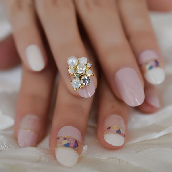 

jewelry pattern oval medium nails mixed color pink off whtie cobblestone fake nails glue on back painting sandwich false nail, Red;gold