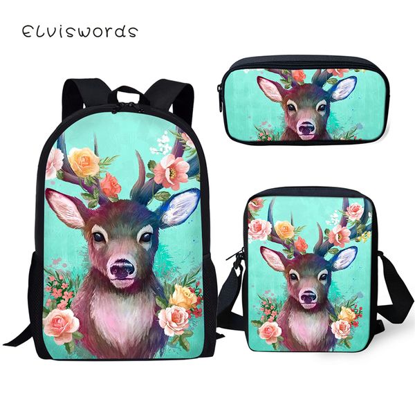 

elviswords 3pc set kids school backpack arts flower deer pattern school book bag fashion students backpack/messenger bag/pen bag