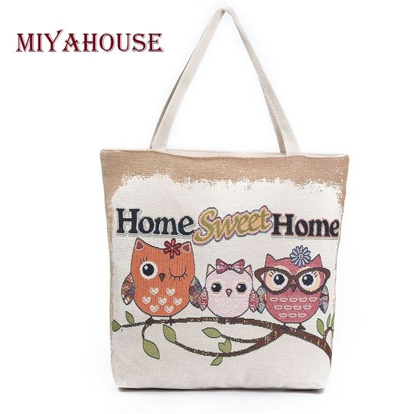 

miyahouse casual canvas shoulder bag women lovely owl printed tote handbag female cartoon lady handbag large capacity beach bag