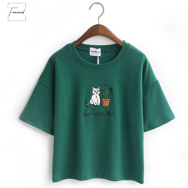 

tee t shirt women korean style t shirt harajuku kawaii cat embroidery cotton scoop neck camiseta feminina drop ship, White