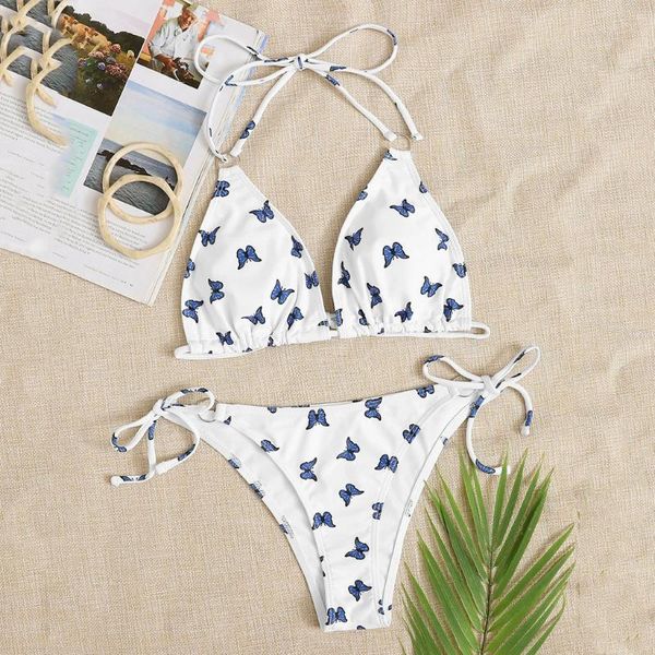 

swimwear bikini set bathing suit womens butterfly print sling bikini two piece push-up pad swimsuit beachwear set biquini mujer, White;black