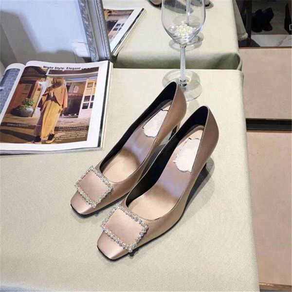 

zapatos de mujer ladies high heel crystal chaussures femme metal decoration female shoes square toe pumps woman shoes, Black