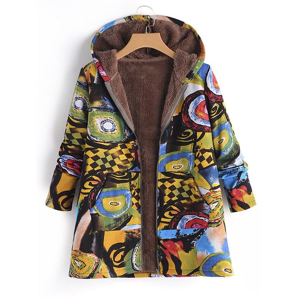 

womens coat winter warm outwear floral print hooded pockets vintage oversize female coats women's casual outwear plus size, Black