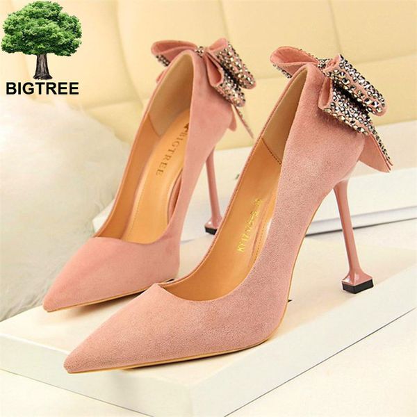 

bigtree sweet crystal butterfly-knot women pumps solid flock fashion shallow high heels shoes women's party shoe pointed toe, Black