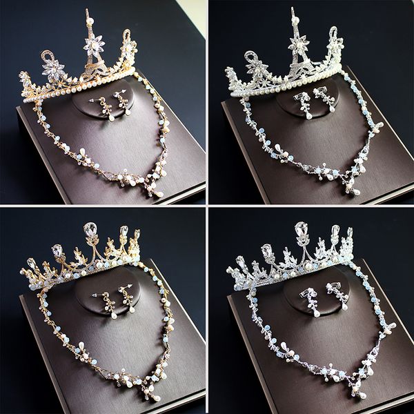 

new send box romantic crown headdress luxury earrings necklace fashion three-piece bridal knot wedding princess jewelry, Slivery;golden