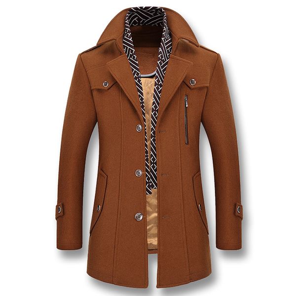 

men autumn and winter business casual men's coat thickening slim fit jacket scarf collar windbreaker detachable overcoat, Black;brown