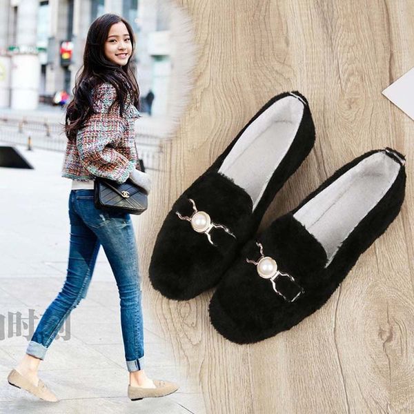 

autumn winter plus velvet outdoor women flats warm fur comfort cotton shoes soft bottom woman loafers shoes size 35-40, Black
