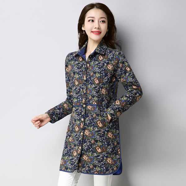 

p shoot 2019 new style autumn and winter mid-length cotton-padded clothes thick long sleeve shirt casual slim fit floral-pri, Blue;black