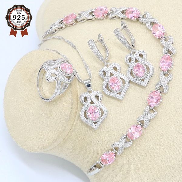 

bridal 925 silver jewelry set for women geometric pink zircon bracelet earrings necklace pendant ring party birthday gift