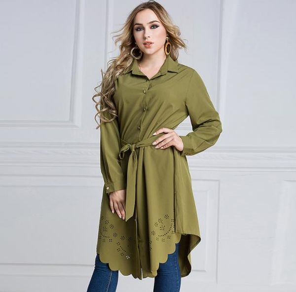 

новые исламские элегантные женские блузы пояса цветочные длинным рукавом женские рубашки мода женская твердая повседневная одежда, White