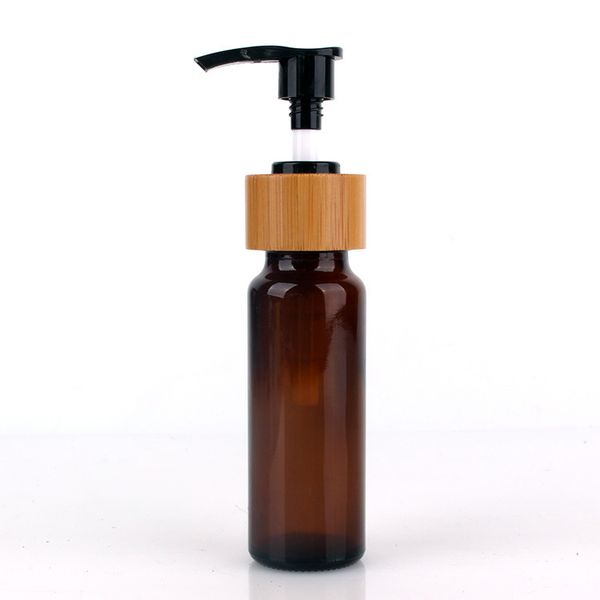 

60ml amber glass pump bottle essential oil bottles with real bamboo screw cap black pump top